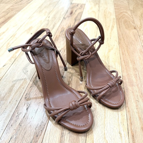 SCHUTZ Tan Brown Leather Kate Ankle Wrap Sandal Block Heel Tie Strap Size 6 - Picture 6 of 10